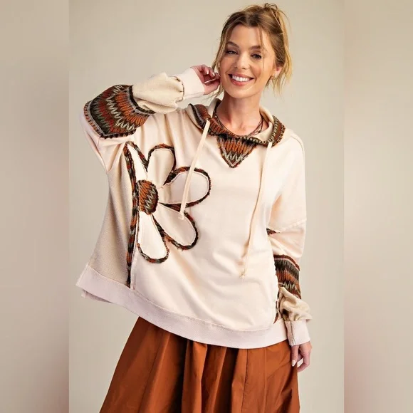 #200 Sale 🥳 3 left Easel Floral Embroidered Hoodie - Cream - Picture 2 of 6